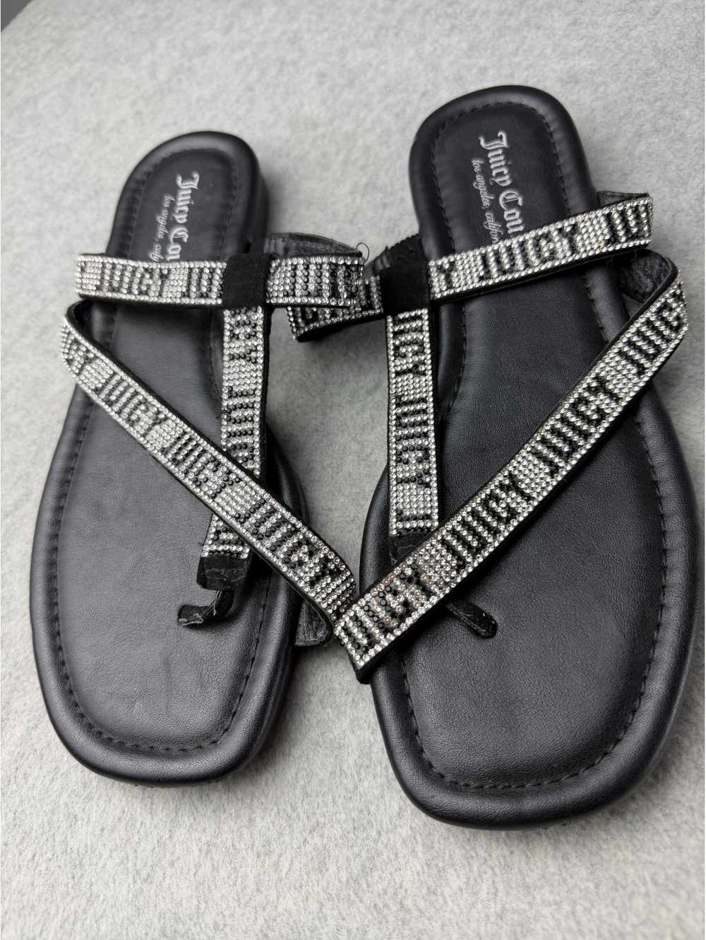 Juicy Couture Rhinestone Logo Thong Sandals Black Crystal Flip Flops Women's